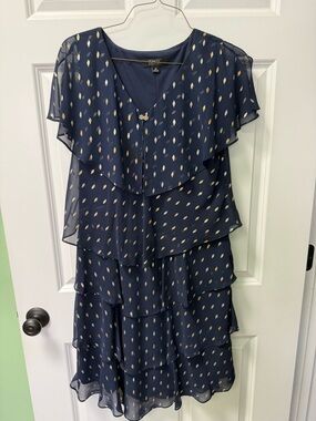 Sonia Rykiel Navy Chiffon Midi Dress with Gold Dot Print